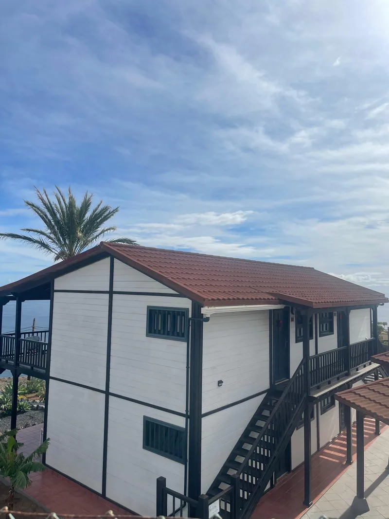 Edificio de madera y palmera canaria sobre el mar